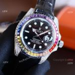 Fake Rolex Submariner Rainbow Bezel Black Dial leather Strap Watch